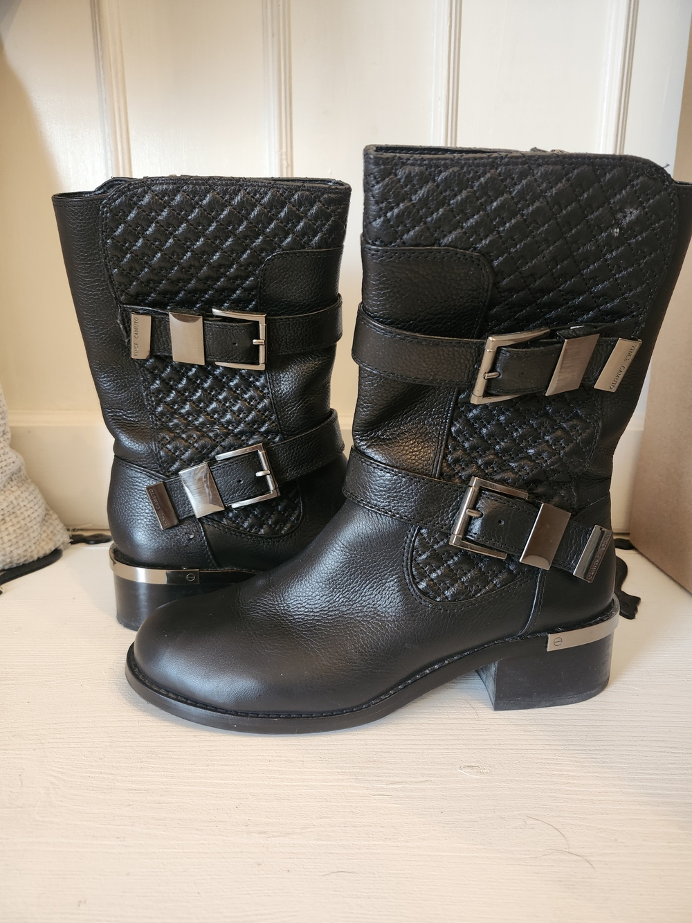 Vince Camuto Black Quilted Leather Buckle Combat Boots